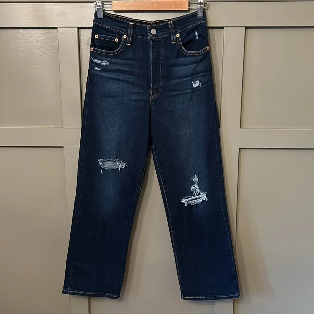 Levi’s Ribcage Straight Ankle Jeans High Rise Dark Wash Distressed Size 26